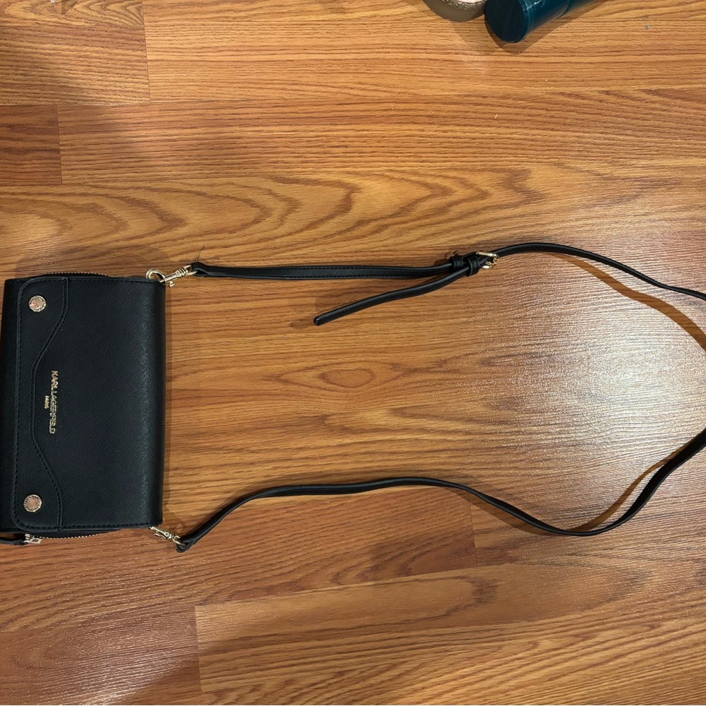 Karl Lagerfeld Black Crossbody Bag with Flap Closure and Metallic Hardware